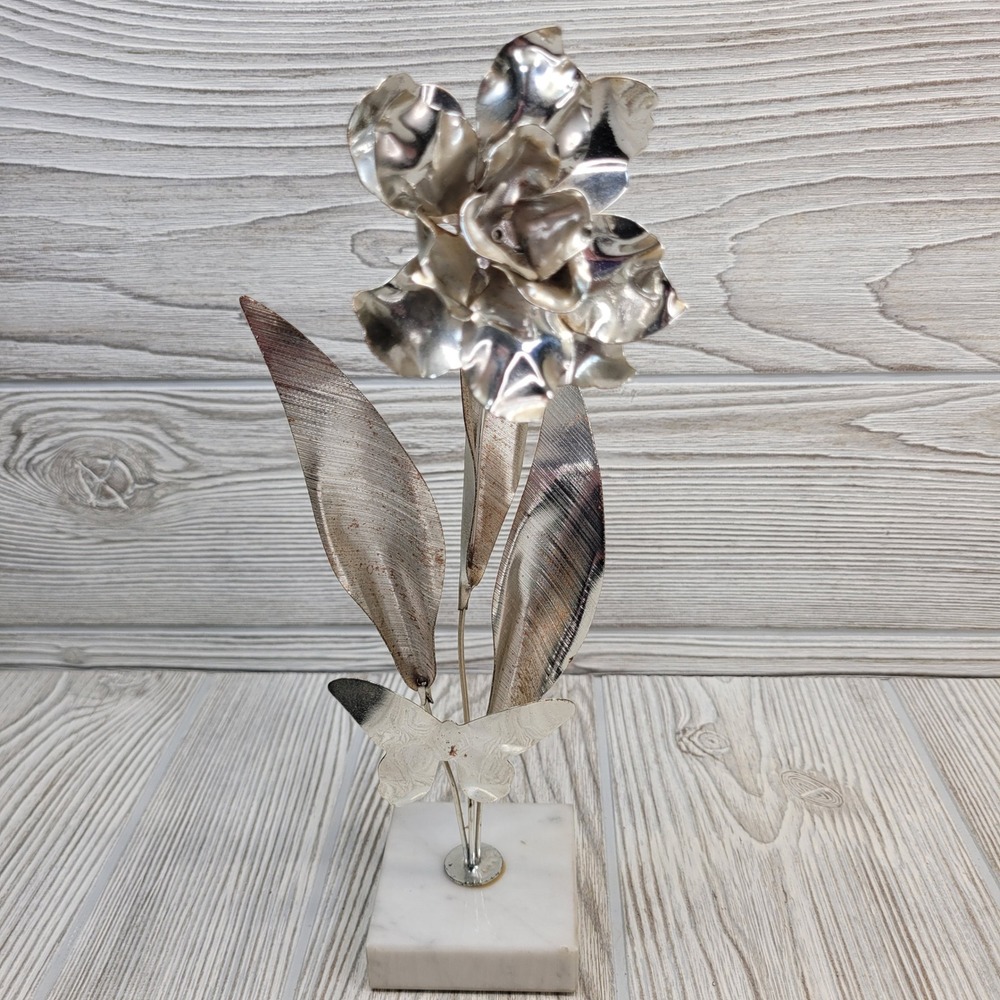 Metalart Silver Flower Sculpture Butterfly Marble Base Made in Italy Vintage‎